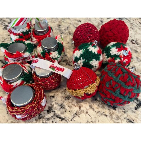 Hand Knit Crochet Christmas Holiday Ornament Lot Of 13 Balls Vintage Red Decor‎ - Picture 2 of 12